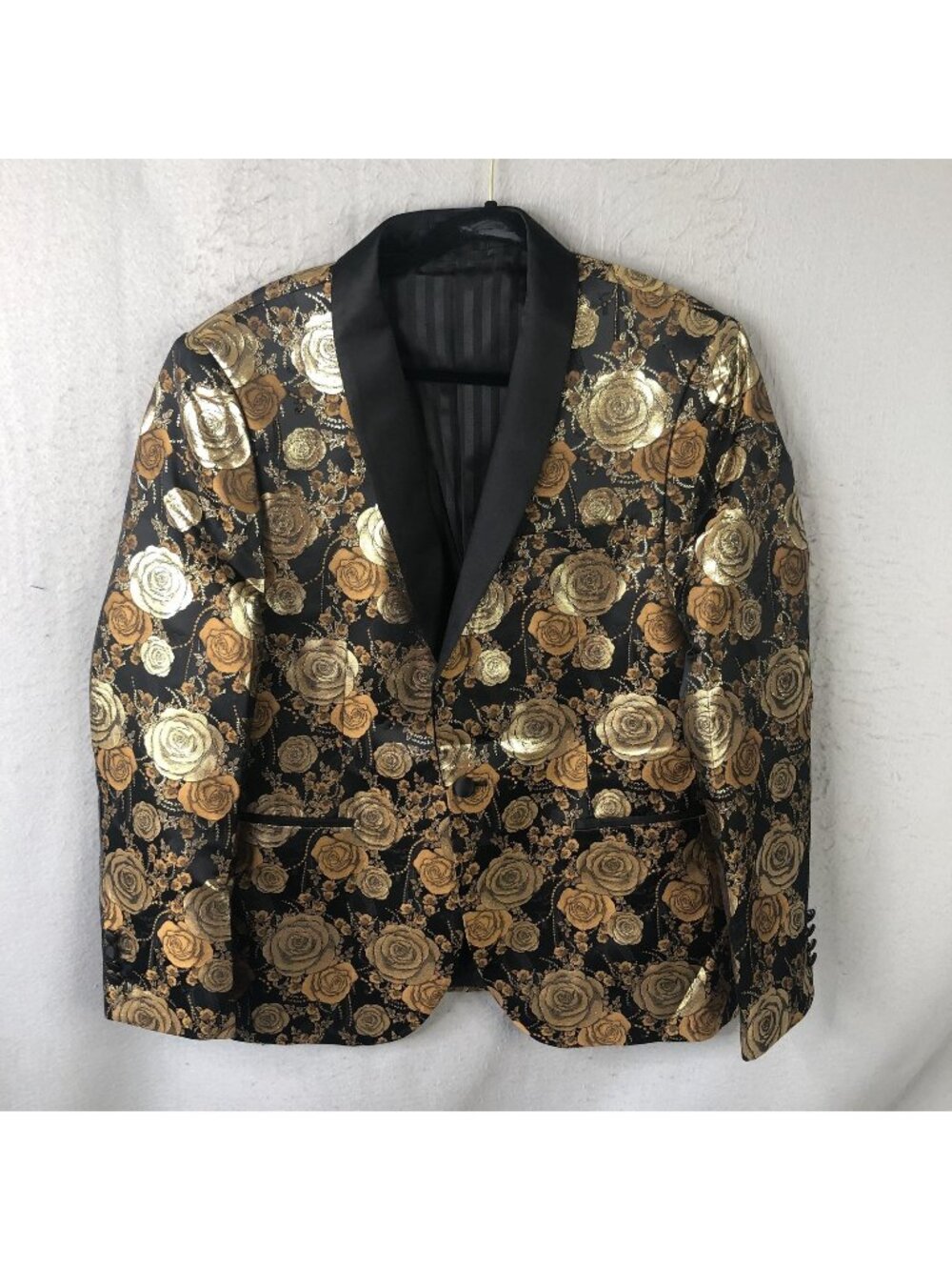 HI-TIE Tuxedo Jacket Mens L Gold Black Floral Rose Party Wedding Blazer